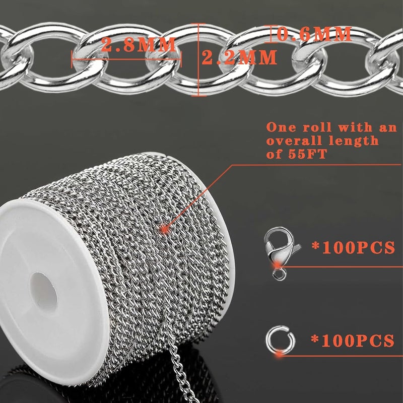 YZDTECH 55ft Silver Stainless Steel Curb Chain for Jewelry Making,Twisted Link Chains with Spool for Necklace Bracelet,100 Pcs Jump Rings and Lobster Clasps DIY Supplies for Dog Tag,Keychain(2.8x2.2x0.6mm) - Image 5